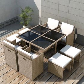 9 Piece Outdoor Dining Set with Cushions Poly Rattan Beige