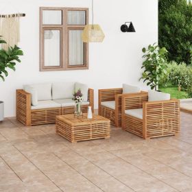 5 Piece Patio Lounge Set with Cream Cushion Solid Teak Wood