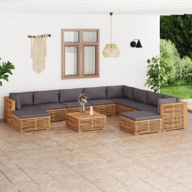 11 Piece Patio Lounge Set with Dark Gray Cushion Solid Teak Wood