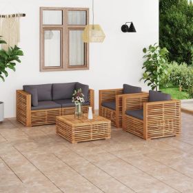 5 Piece Patio Lounge Set with Dark Gray Cushion Solid Teak Wood