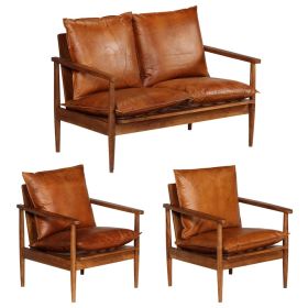 3 Piece Sofa Set Real Leather with Solid Wood Acacia Brown