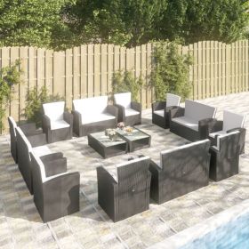 16 Piece Patio Lounge Set with Cushions Poly Rattan Black