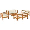 5 Piece Patio Lounge Set with Cream White Cushions Solid Wood