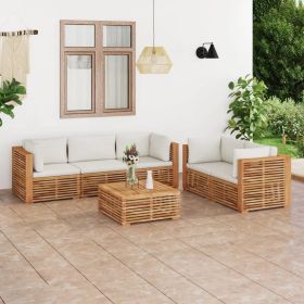 6 Piece Patio Lounge Set with Cream Cushion Solid Teak Wood (Color: Brown)