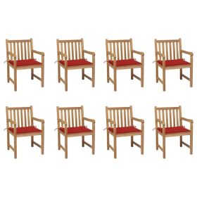 Patio Chairs 8 pcs with Red Cushions Solid Teak Wood (Color: Brown)