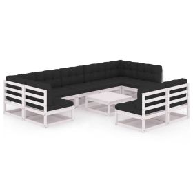 10 Piece Patio Lounge Set with Cushions White Solid Pinewood (Color: White)