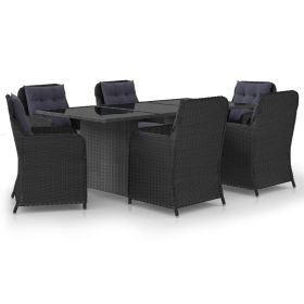 7 Piece Patio Dining Set Poly Rattan Black (Color: Black)