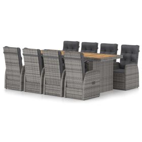 9 Piece Outdoor Dining Set with Cushions Poly Rattan Gray (Color: Grey)