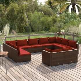 11 Piece Patio Lounge Set with Cushions Brown Poly Rattan (Color: Brown)