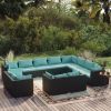 12 Piece Patio Lounge Set with Cushions Black Poly Rattan