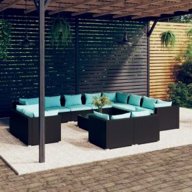 13 Piece Patio Lounge Set with Cushions Black Poly Rattan (Color: Black)