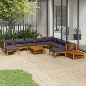 12 Piece Patio Lounge Set with Cushion Solid Acacia Wood (Color: Grey)